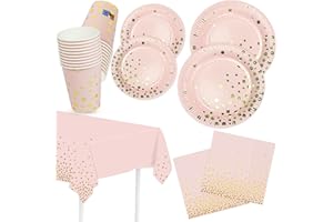 HNH Piatti di carta Tovaglioli e Bicchieri Set con Tovaglia 81 pezzi Rosa con lamina d'oro