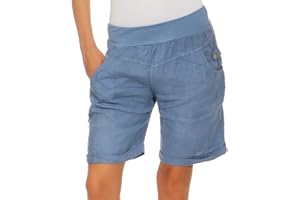 Mississhop Damen Leinenshorts Bermuda lockere kurze Hose Freizeithose 100% Leinen Shorts elegante Haremshose mit Knöpfen Sommer Strand