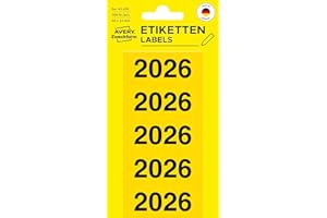 ‎AVERY ZWECKFORM AVERY Zweckform 43-226 Jahreszahlen Aufkleber 2025 selbstklebend (60x24 mm, 100 Jahreszahl-Etiketten mit Aufdruck 2025, optimal für Ordner, absolut blickdicht, permanent haftend) 20 Bogen, gelb
