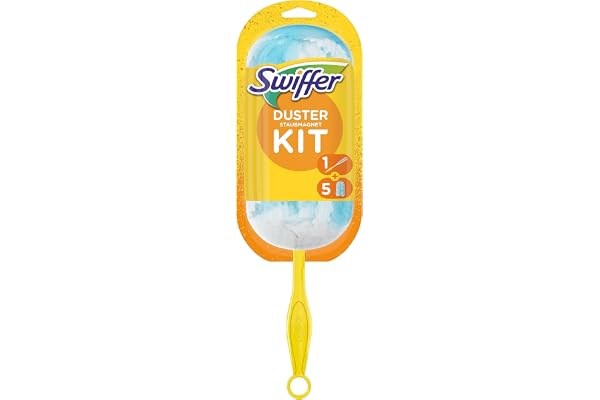Swiffer Duster Attrape & Retient, Kit 1 Manche et 5 Recharges, Attrape Et Retient Jusqu’À 3 Fois Plus De Cheveux Et Poussière Qu’Un Plumeau Ordinaire