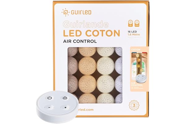 GuirLED - Guirlande lumineuse boules coton LED USB - Télécommande sans fil - Veilleuse bébé 2h - Adaptateur secteur double USB 2A inclus - 4 intensités - 16 boules 1.6m - Coton