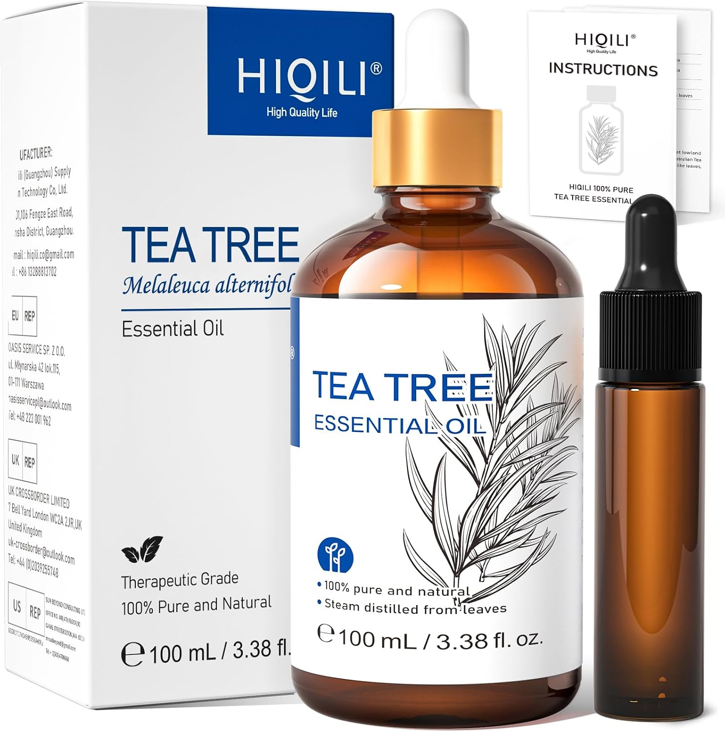 HIQILI Aceite Arbol Del Te 100ml, 100% Natural Puro, para Piel, Cabello, Uñas, Difusore, se Puede Añadir Champú, al gel de Ducha y a los Spray
