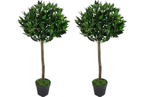 Leaf Design UK Pair of Artificial Bay Topiary Ball Trees, Green, 90cm (3ft)