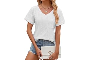 EDOTON Damska koszulka z krótkim rękawem, dekolt w serek, na co dzień, na lato, jednolite rękawy z bąbelkami, luźna koszulka dla kobiet, czarny