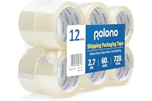 POLONO Paketklebeband, 2,7 Mil, 48mm×60m, Insgesamt 720Y, 3" Kern für Versand, Umzug, Mailing und Lagerung, hohe Klebkraft, starker Verschluss auf allen Kartonarten, durchsichtig, 12 Rollen