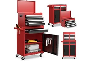 GiantexUK Tool Cabinet, 2 in 1 Lockable Metal Tool Chest with Removable Top Cabinet, Wheels, 5/6 Drawers, Pegboard & Hooks, Heavy-duty Rolling Tool Box Trolley (with Adjustable Shelf, Black+Red)