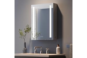 Dripex Bathroom Mirror Cabinet with LED Lights, 450 * 600mm Illuminated LED Bathroom Mirror Cabinet with Shaver Socket Dimmable Switch 3 Colors and Demister Pad, Grey