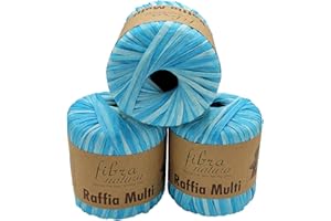 ILKADIM EXPORT 105 Gramm Fibra Natura Raffia Multi Bast-Garn bunt, 100% Viskose/Zellulose, Makramee Kordel Naturgarn mehrfarbig (türkis weiss 117-20)