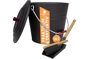 BLACK OAK Ascheeimer Katla 15L – Set Schaufel & Besen schwarz rund mit Deckel groß 15 Liter Stahl feuerfest verzinkt & pulverbeschichtet Asche & Kohle Eimer ideales Zubehör für Kachelofen Holzofen