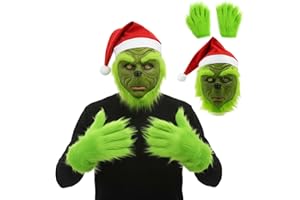 QhgPnt 3 PCS Green Monster Mask and Gloves Hat, Furry Scary Monster Costume Props with Santa Hat Wig for Women Men, For Christmas Halloween Party Adult Fancy Dress Green