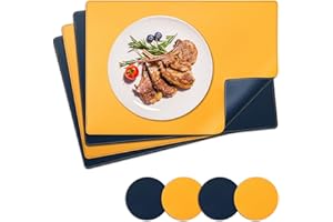 NOSTHEART Manteles Individuales y Posavasos, Salvamanteles Manteles Lavables Individuales con Borde Cosido, Manteles Individuales Antideslizantes Impermeables de Doble Cara - Amarillo Azul, Juego de 4