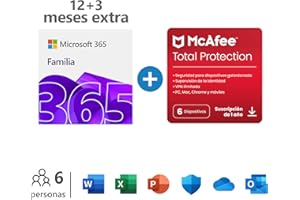 Microsoft 365 Familia | Hasta 6 personas | PC/Mac/tabletas/teléfonos | Suscripción 12+3 Meses + McAfee Total Protection | 6 Dispositivos | 12 Meses | PC/Mac/Android/Smartphones - Código por email