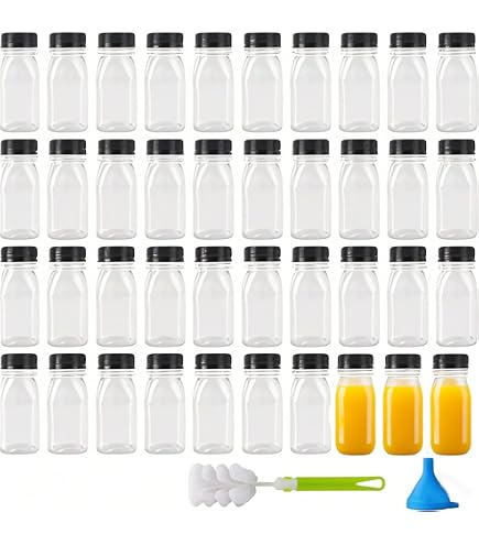 Produktbild von 40 Stück Saftflaschen Aus PET – 120 Ml, Klar, Mit Deckel – Für Milch, Säfte, Wasser & Co., Inkl. Trichter & Bürste – Praktische Vorratsflaschen