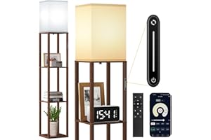 OUTON Lampa podłogowa z półką ściemnialną z 4 temperaturami barwowymi i timerem 1H, pilotem zdalnego sterowania, aplikacją i wygodną kontrolą, drewnianą lampą podłogową z kloszem do salonu, sypialni i