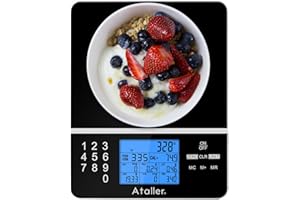 Ataller Balance de Cuisine Numérique Avec Affichage de La Valeur Nutritive, Calculatrice Précise Des Aliments et Des Nutriments, Verre Trempé, Noir, Précision Incroyable Jusqu'à 1g, Max 5000g