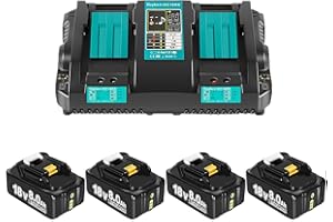 QINYCON 4 Stück 8000mAh Ersatzakku für Makita Akku 18V mit Ladegerät Dual Port Ersatzakku für Makita Akku BL1860B BL1860 BL1850B BL1840BB B1815 BL1830 with LED Werkzeugakku