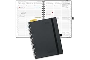 POPRUN Agenda 2024 Semana Vista Vertical Espiral 22 x 16,5 cm - Planificador 2024 Semanal A5 con Regla Posicionable, Tapa Blanda en Cuero Vegano y 100 gsm Papel Certificado FSC®, Negro