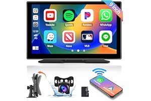 Hikity Wireless Apple CarPlay with Screen 9 Inch Portable Car Stereo Built-in Wireless Android Auto Air Play Mirror Cast FM Transmitter Bluetooth AUX-IN 64GB TF Card Reversing Camera + 15M Cable