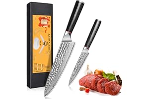 oFuun Juego de Cuchillos de Cocina, 2 Piezas Cuchillos Japones Profesional Acero de Damasco de 67 Capas-19,3cm Cuchillo Chef, 12,5cm Cuchillo Pelador de Fruta - Serie Loyal