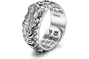 KRFY Feng Shui Pixiu Mantra Anillos para Hombre S990 Plata de Ley Feng Shui Anillo Protección Amuleto de la suerte Riqueza Salud Budista Vintage ajustable Anillos Pixiu para Mujer Hombre