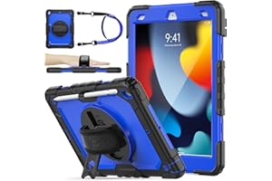 SEYMAC stock Case for iPad 9th/8th/7th Generation 10.2 Inch, Shockproof Full Protection Case with Screen Protector Pen Holder [360 Rotating Stand] & Hand Strap for iPad 10.2 Inch 2021/2020/2019 (Blue)