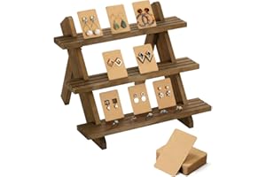 Emibele 3-Tier Wooden Earring & Ring Holder Organizer, Cascading Showcase Jewelry Stand, Brown