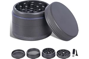 TIRIRS 5.5 cm Pack of 4 Premium Herb Mills - Aluminium Large Spice Mill with Pollen Catcher, Nano Ceramic Coated Spice Mil, Comes with Pollen Scraper and Cleaning Brush, Black