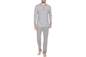 Winovia Zweiteiliger Schlafanzug Herren lang Sleepwear Baumwolle Pyjama Set Winter Nightwear Set Nachtwäsche Langarm mit Knopfleiste, V-Ausschnitt, und Streifen-Design