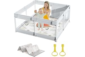 Mloong Parque infantil con colchón, 120 x 120 cm, pequeño parque infantil con alfombrilla, parque infantil para apartamentos, con red transpirable en los cuatro lados y ventosas (gris claro)