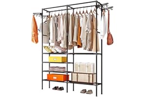 Vinteky Perchero de Pie Perchero con Banqueta, Perchero de Soporte, Estantes de Almacenamiento para Ropa y Zapatos, 86 X 44 X 174 cm, Negro