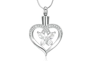 Minicremation Collier urne funéraire en forme de cœur pour cendres pour femme - Bijou de crémation papillon avec pierre de naissance - Médaillon en cristal - Pendentif commémoratif pour un être cher