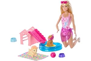 Barbie Puppy Pool Party Toy Playset with Fashion Doll, Doghouse & Slide, Heart-Shaped Pool, 2 Pet Dog Figures, 6 Accessories & Color Change, JBF35