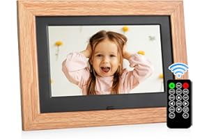 GOLONY 7-inch digital photo frame with a 1280x800 high-definition IPS screen, remote control operation, no WiFi, USB or SD card support for photos, music, and videos, and calendar display.yellow