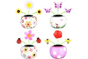 YXSJAS 4 Pcs Solar Powered Dancing Toy Solar Dancer Figure SunFlower in Colorful Pots Swinging Insect Flip Flap Animated Bobblehead Dancer Window Sun Catcher Car Dashboard Decor Car Swinging Dancing Toy
