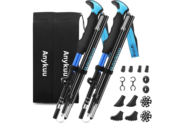 Anykuu Baton de Marche 2 PCS, Bâtons de Randonnée Nordique avec 14 Accessoires d'escalade Telescopiques Antichoc Antidérapant Poles Trekking (Réglables 36-130cm)