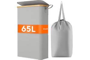 Lifewit Smal Tvättkorg med Lock, 70 L, Silvergrå | Extra Platt Bambu Tvättkorg med Avtagbar Tvättpåse och Handtag, Klädkorg f