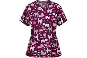 RMOON FELPA Rmoon Medico Donna Casacca Infermiere con i Bottoni a Pressione Divisa Infermiere a Manica Corta Scollo V Stampa per i Dottori, Dentiste, Infermiere, Pediatri, Studenti, Veterinari