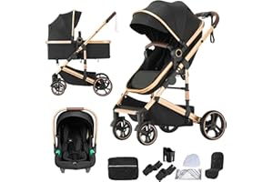 Shineey 3-in-1 Pushchair, Everyday Buggy, Foldable Pushchair Set, Combination Pushchair 3-in-1 with Large Comfortable Baby Carrycot Frame, Aluminium Alloy (H9 Black, H9)