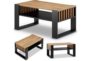 defiPad Wohnzimmertisch für Couch | Couchtisch Schwarz Eiche mit Stauraum | Modern Tisch Wohnzimmer mit Lamellas | Coffee Table | Kleiner Tisch | 92CM Kaffeetisch | Stabil Stubentisch