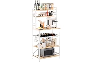 YMYNY Kitchen Baker's Rack, Microwave Oven Stand with Storage Shelves, Industrial Coffee Bar Station, with Adjustable Wine Holders and 12 S-Hooks, Metal Frame, Natural & White, 58 × 39 × 144CM HBR003R