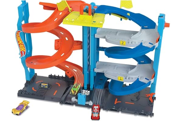 Hot Wheels City förvandlingsbart racetorn med 1 leksaksbil | Fordon och bana i skala 1:64, 2 sätt att leka, enkel- eller dubbelracing, HKX43