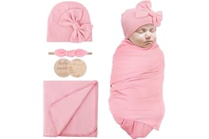 AQOKKA Newborn Receiving Blanket with Bow Hat Headband Wooden Card Set Newborns Toddler Baby Boy Girl Nursery Swaddle Wrap