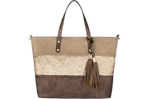 CRAZYCHIC - Sac à Main Paillette Femme - Cabas Fourre-Tout Cuir PU Souple - Sac Porté Epaule Bandoulière Patchwork Multicolore Grande Capacité - Ville Shopping Cours Travail Plage - Marron