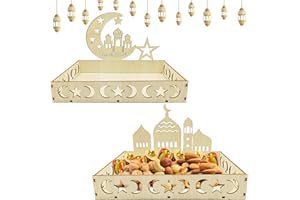 Axingqiwu 2 Pieza Bandeja de Ramadan, Eid Mubarak Bandeja Madera Decoracion, Ramadan Mubarak Postres Tartas Bandejas Decorativas (CD)