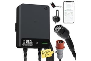 dé Estación de Carga Coche Electrico 22kW App [6-32A, Trifásico] Wallbox 22kW con Cable Tipo 2 5m, RFID, Estación de Carga con RCD Tipo-B y Protección ip54 para Model Y/3 y Otros BEV/PHEV