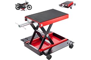 LIODUX Motorcycle Stand Lift, Motorcycle Lift Jack Table, Scissor Jack Steel Wide Deck Hoist Crank Center Stand, 500KG Capacity for Motorcycles, ATVs, Dirt Bikes Red (Jacks with wheels, 36 X 22 CM)