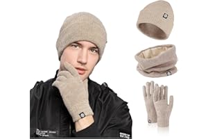 Nenkarn Mens Hat Scarf and Gloves Set, 3 in 1 Winter Thermal Hat Gloves Neck Warmer Set Thick Fleece Touchscreen Glove Knitted Cap Cold Weather Accessories Sets