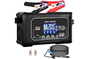 HTRC Ładowarka do akumulatora samochodowego 20 A, 12 V/24 V, ładowarka podtrzymująca i odsiarczacz do samochodu, motocykla, kosiarki, łodzi, litu, LIFEPO4 i kwasowo-ołowiowego (AGM, żelowy, MF, EFB, SLA, VRLA, Wet)