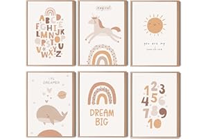 HappyArts® | Kinderzimmer Bilder A4 Poster 6er Set Deko Mädchen Junge Babyzimmer | Regenbogen Alphabet Zahlen ABC Lernposter Tiere Einhorn Wal OHNE RAHMEN …