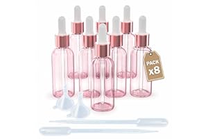 LG Luxury & Grace Pack 8 Goteros Cuentagotas, 50 ml. Frasco Rosa Transparente. Pipeta de Cristal Dosificadora. Cierre de Rosca Rosa. Botellas Rellenables: Aromaterapia, Aceite, Laboratorio.